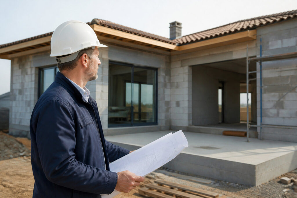 Un architecte ou maître d'œuvre en casque blanc tenant des plans devant une maison en construction.