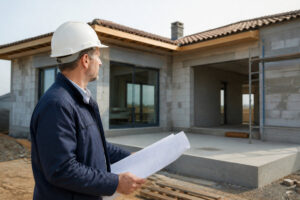 Un architecte ou maître d'œuvre en casque blanc tenant des plans devant une maison en construction.