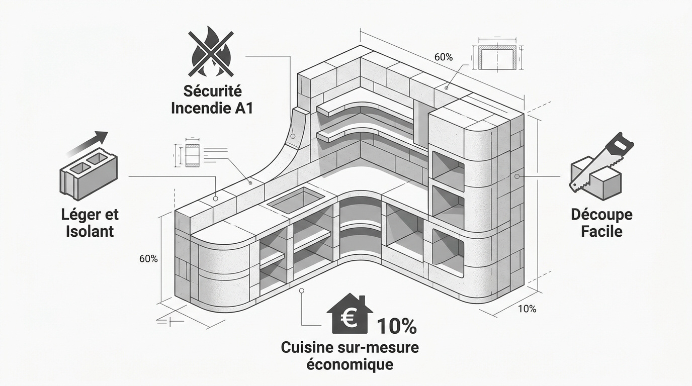 Montage d'une cuisine sur-mesure en béton cellulaire Siporex