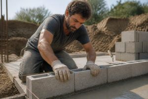 Un maçon agenouillé pose avec précision un parpaing sur une fondation en béton sur un chantier de construction.