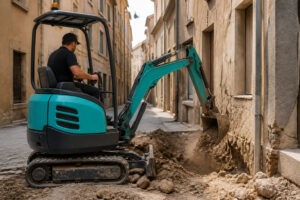 Un ouvrier manie une mini-pelle turquoise pour creuser le long d'un mur dans une rue étroite d'un village ancien.