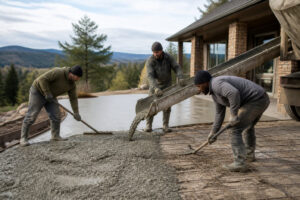 Trois ouvriers travaillant ensemble pour couler et étaler du béton frais sur un chantier de construction extérieur.